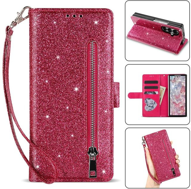 Glitzer Geldbörse Hülle für Samsung Galaxy Z Fold 8 Ultra 7 6 5 mit Kartenschlitz und Magnetverschluss in Pink - Bild 1