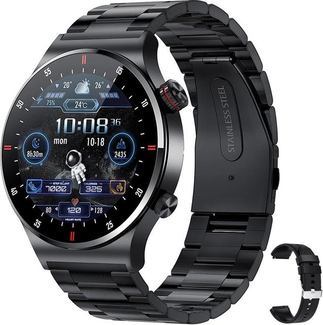 QLY Online Smartwatch für Herren mit GPS, EKG+PPG, Bluetooth Anruf und NFC, Wasserdicht, Schwarz mit Stahlarmband - Bild 1