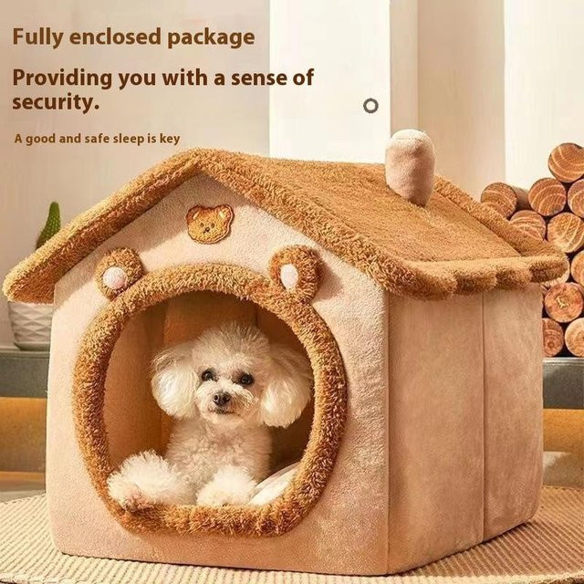 Okhaowu Ganzjahres-Hundehaus-Stilbett aus Korallen-Fleece für kleine Hunde und Katzen, abnehmbarer und waschbarer Bezug, Farben: Gelb, Beige, Koralle - Bild 1