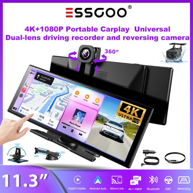 ESSGOO Tragbare Doppel-Dashcam mit 11,3 Zoll Display, 4K UHD und 1080P Rückfahrkamera, kabelloses CarPlay und Android Auto, WiFi, Bluetooth 5.3, GPS Navigation und Nachtsicht, Farbe: Schwarz - Bild 1