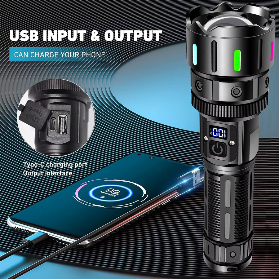 JIASHUAIXIN Hochleistungs-LED-Taschenlampe in Schwarz, wiederaufladbare taktische Zoom-Taschenlampe mit Power-Display und USB-C-Anschluss - Bild 4
