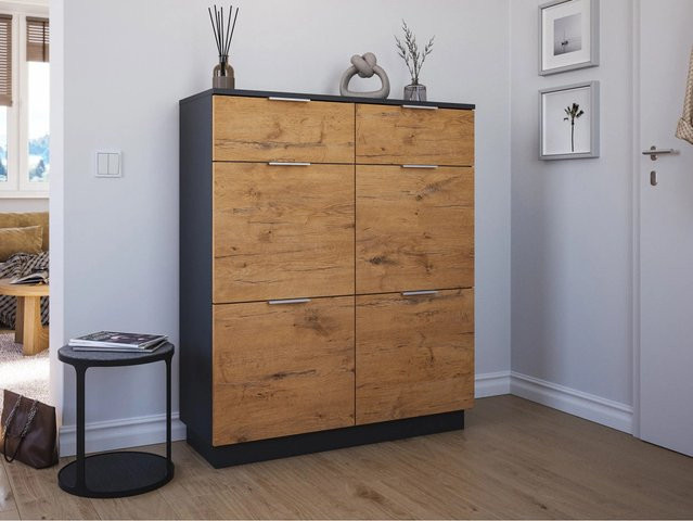 Posseik Schuhschrank Fleuve-XXL in Oak, moderner Schuhschrank mit Klappfächern und Schubladen für den Flur, Braun Matt - Bild 1