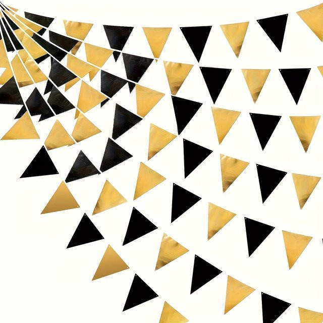 MENGHAO Partydekoration Set aus Papier in Schwarz und Gold, Dreieckige Wimpel-Girlande für Geburtstag, Hochzeit oder Abschlussfeier - Bild 1