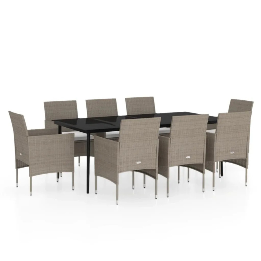 vidaXL 9-teilige Garten-Essgruppe aus PE-Rattan und pulverbeschichtetem Stahl mit Glasplatte und Kissen in Beige und Schwarz - Bild 2