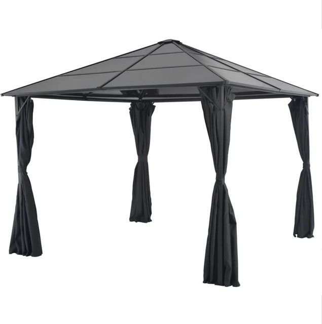 Furnicato Gartenpavillon aus Aluminium mit Vorhang und PC-Platten, Schwarz, B/T: 300 x 300 cm, H: 260 cm - Bild 1