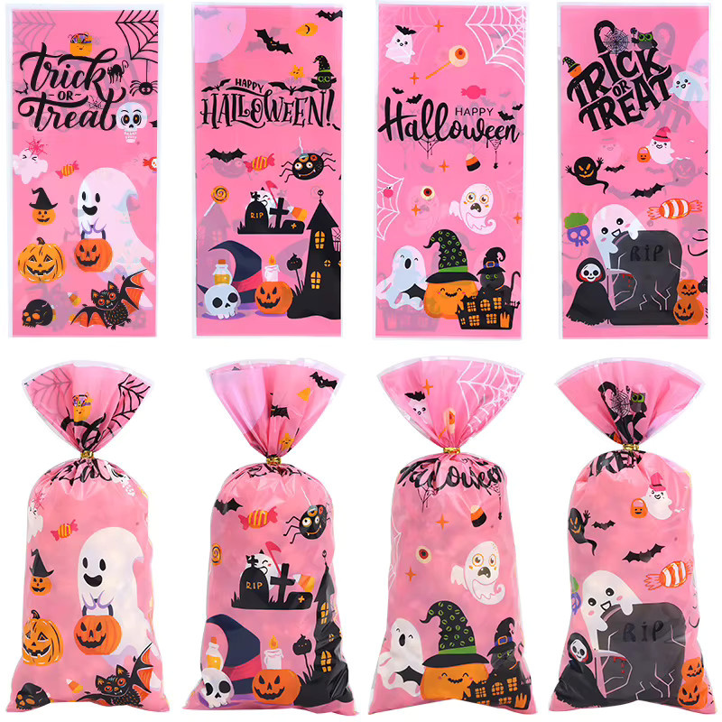 WEIGAO Halloween Süßigkeiten Taschen Set mit Geist und Kürbis Motiv, 50 Stück bunte Kunststoff Beutel für Kinder als Party Dekoration und Geschenkverpackung - Bild 3