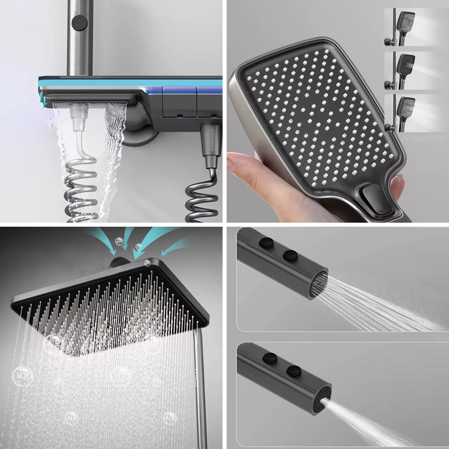WJNMONE Luxus Duschsystem mit Digitalanzeige und Thermostat aus Messing, Regendusche mit Wasserfall-Funktion und Glas-Elementen - Bild 2