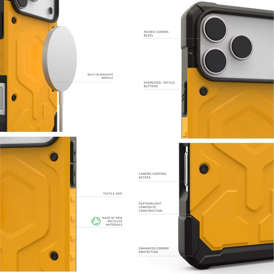 Robuste und stoßfeste MagSafe Handyhülle für iPhone 17 Air 16 15 Plus 14 13 12 Pro Max mit magnetischer Panzerung und Schutzabdeckung in Schwarz und Gelb - Bild 3