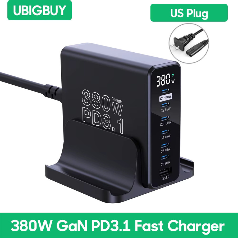 UBIGBUY 380 W GaN USB-C Ladegerät mit LCD-Display, PD 3.1 Schnellladestation für iPhone 15, Samsung und MacBook Pro/Air, Schwarz - Bild 6