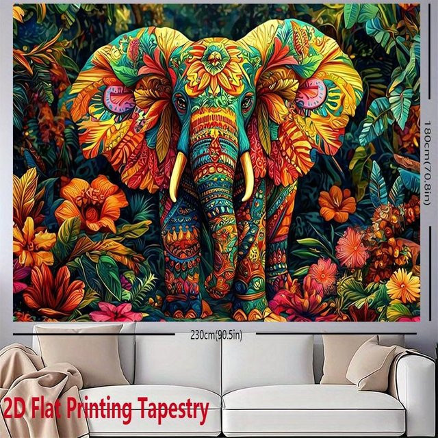 Bunter Elefanten-Mandala Wandteppich im Bohemian Stil von JMG Household Supplies, Dschungel Tierkunst Wandbehang mit floralem Design, B/H: 180 x 230 cm - Bild 1