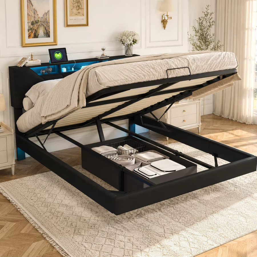 FEEOHOME Polsterbett in Schwarz mit hydraulischem Stauraum und Bettkasten, B/T/H: 160 x 200 cm, aus PU Kunstleder - Bild 3