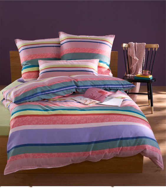 Heine Home Bettwäsche aus Mako-Satin in Multicolour mit Flamingo-Lavendel-Print, 100% Baumwolle, mit Reißverschluss - Bild 1