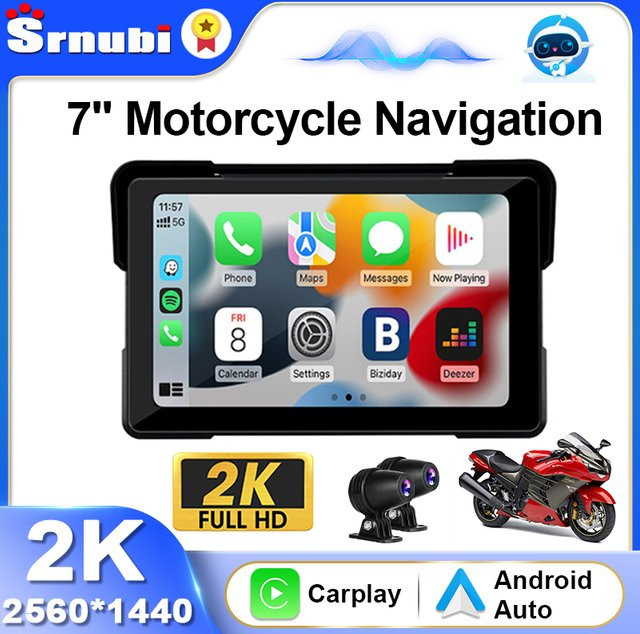 Srnubi 7 Zoll Motorrad DVR Navigation mit 2K HD Display, Wireless CarPlay und Android Auto, IPX7 wasserdicht, Schwarz - Bild 1