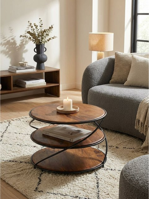 Runder Couchtisch KADIMA DESIGN aus Sheesham Massivholz und Metall in Braun mit Stauraum, B/T/H: 58 x 58 x 40,5 cm - Bild 1