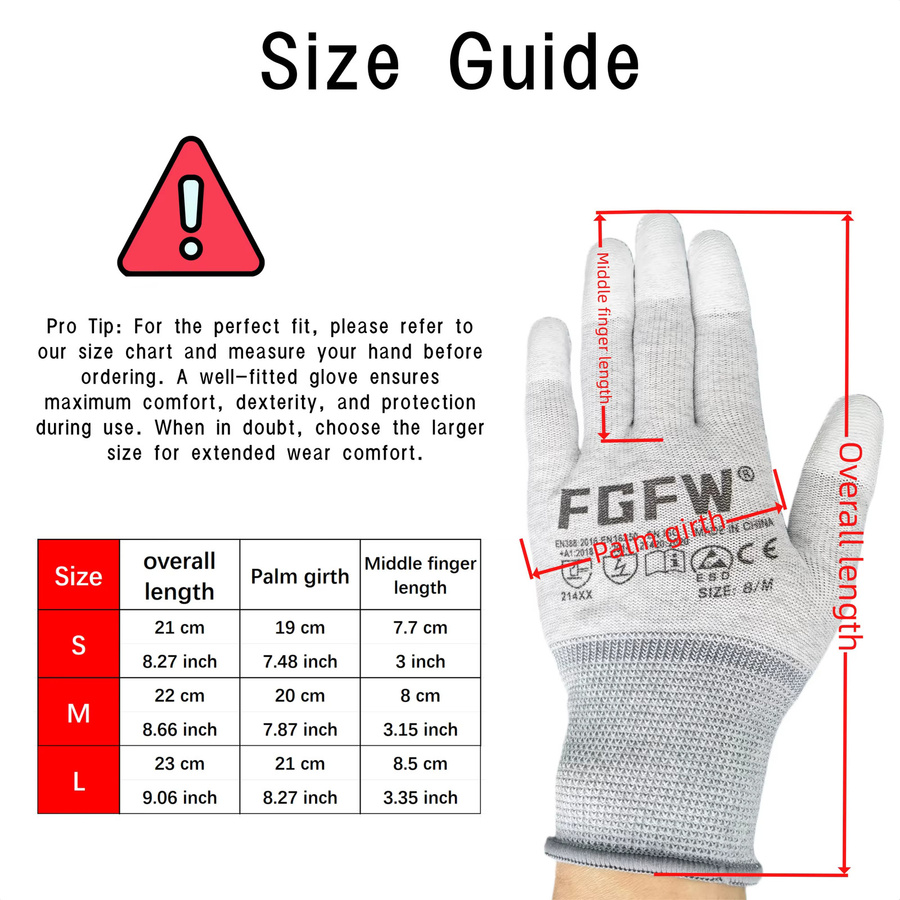 FGFW ESD-Sicherheitshandschuhe in Grau, 10 Paar antistatische Kohlefaser-Handschuhe mit PU-Griffspitzen für die Elektronikmontage, Größe S - Bild 5