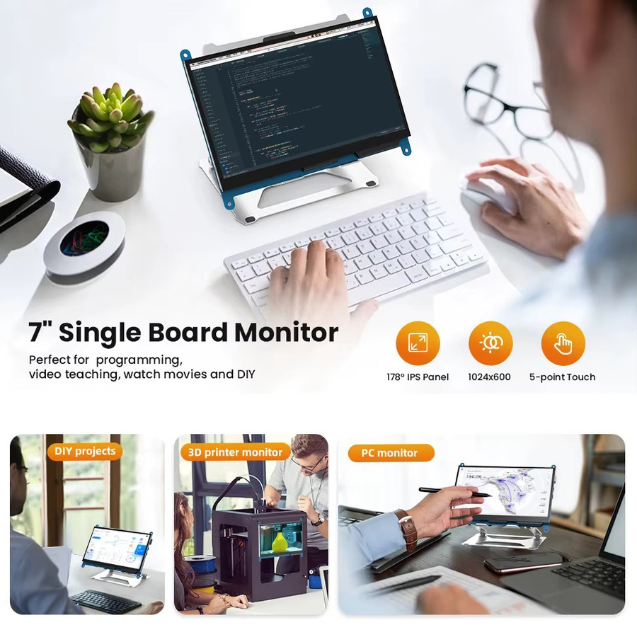 Eyoyo 7 Zoll Raspberry Pi Monitor mit HD IPS Touchscreen und 5-Punkt-kapazitivem Touch-Display, 1024x600 Auflösung, kompatibel mit Raspberry Pi 4/3/2/1/3B+/BB, Banana Pi und Windows - Bild 2