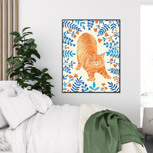 SHENCHEN Wandkunst Ingwer-Katze als Paper Poster mit floralem Motiv in Orange - Bild 1