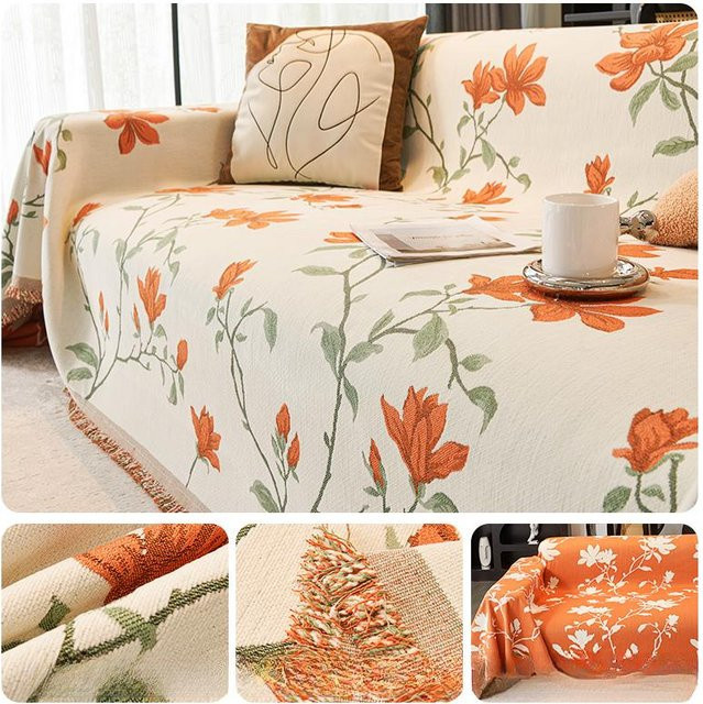 Super Six Chenille-Sofadecke mit floralem Jacquard-Muster, rutschfest und kratzfest, Beige/Mehrfarbig, B: 180 cm, T: 130 cm - Bild 1