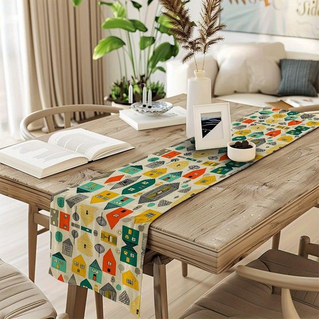 JINGYUE Pet Tischläufer mit geometrischem Farbblock-Design in Weiß und Multicolour, B/H: 40 x 140 cm - Bild 1