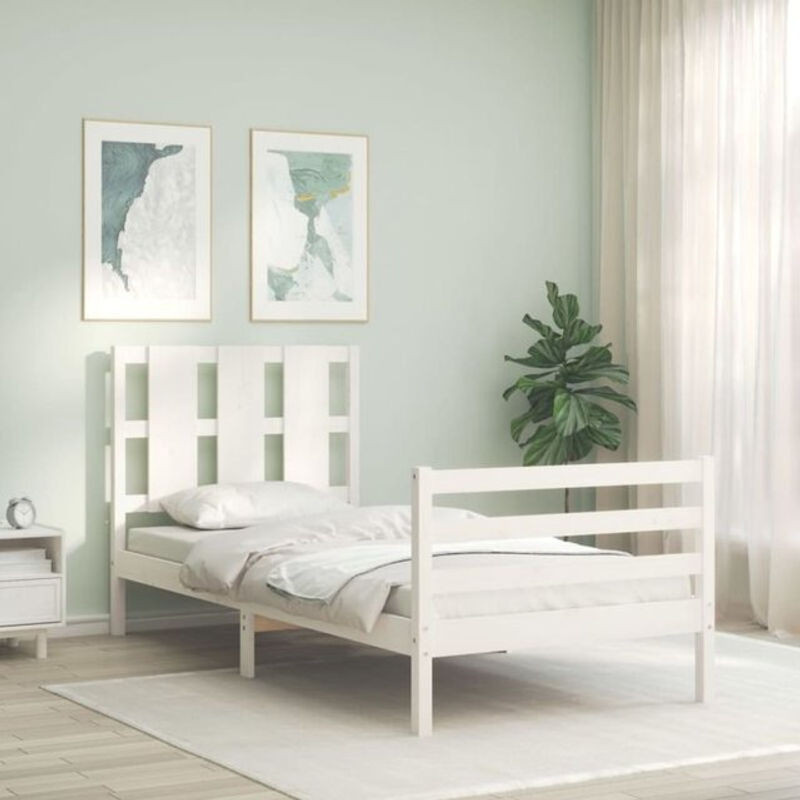 Massivholzbett aus Kiefer mit Kopfteil von Vidaxl in Weiß, B/T/H: 90 x 200 x 95,5 cm - Bild 1