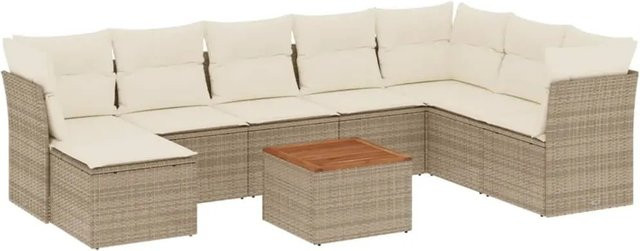 vidaXL 9-tlg. Garten-Sofagarnitur in L-Form aus PE-Rattan und Akazienholz mit Kissen in Beige - Bild 1
