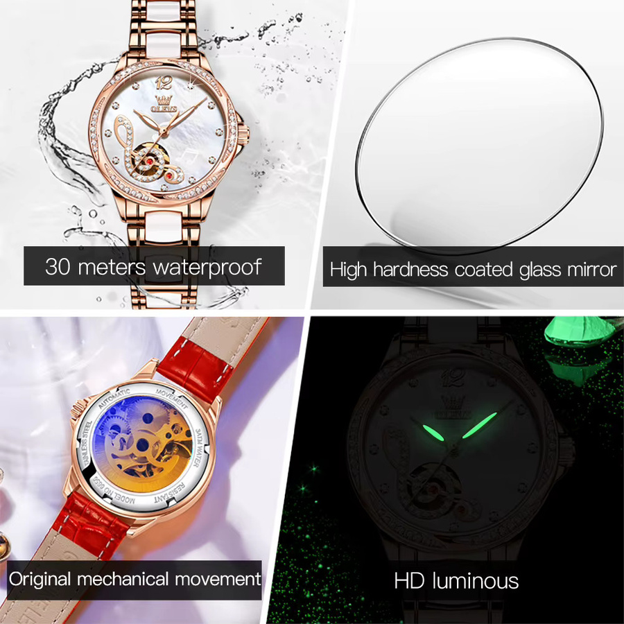 OLEVS Armbanduhr Automatik, Edelstahl, Weiß, Roségold, Damen - Bild 3