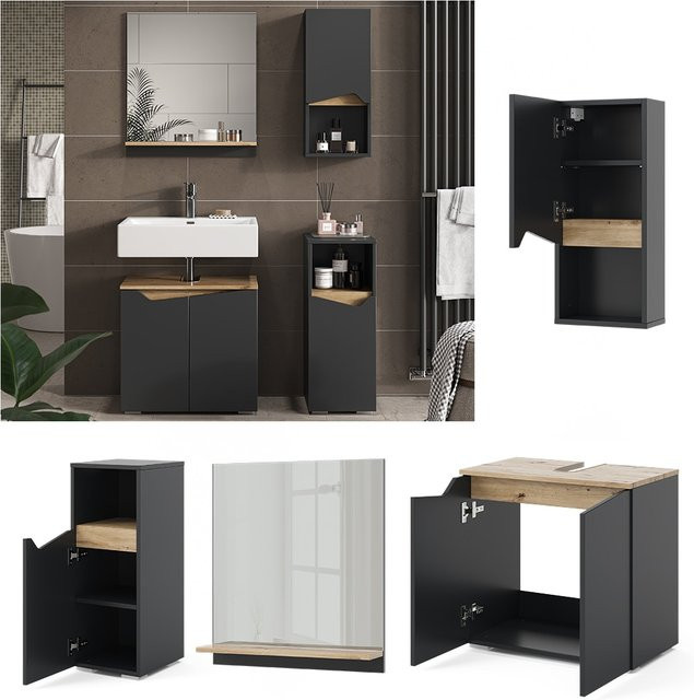 Vicco Badmöbel-Set Marelle in Anthrazit und Eiche, 4-teilige Badezimmer-Kombination mit Badspiegel und Waschtischunterschrank - Bild 1