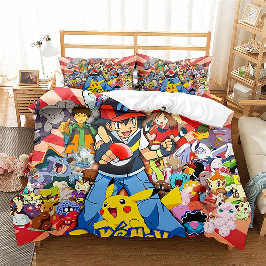 Allbestart Anime Pikachu Kinderbettwäsche-Set aus Mikrofaser mit Reißverschluss, Mehrfarbig, Bettbezug B: 135 cm, H: 200 cm und 2 Kissenbezüge B: 50 cm, H: 70 cm - Bild 1