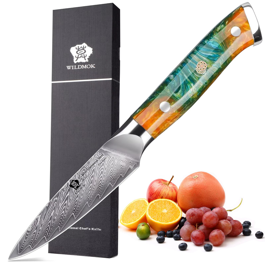 WILDMOK Damaszener Stahl Schälmesser mit orangefarbenem Harzgriff, 3,5 Zoll Paring Knife - Bild 6