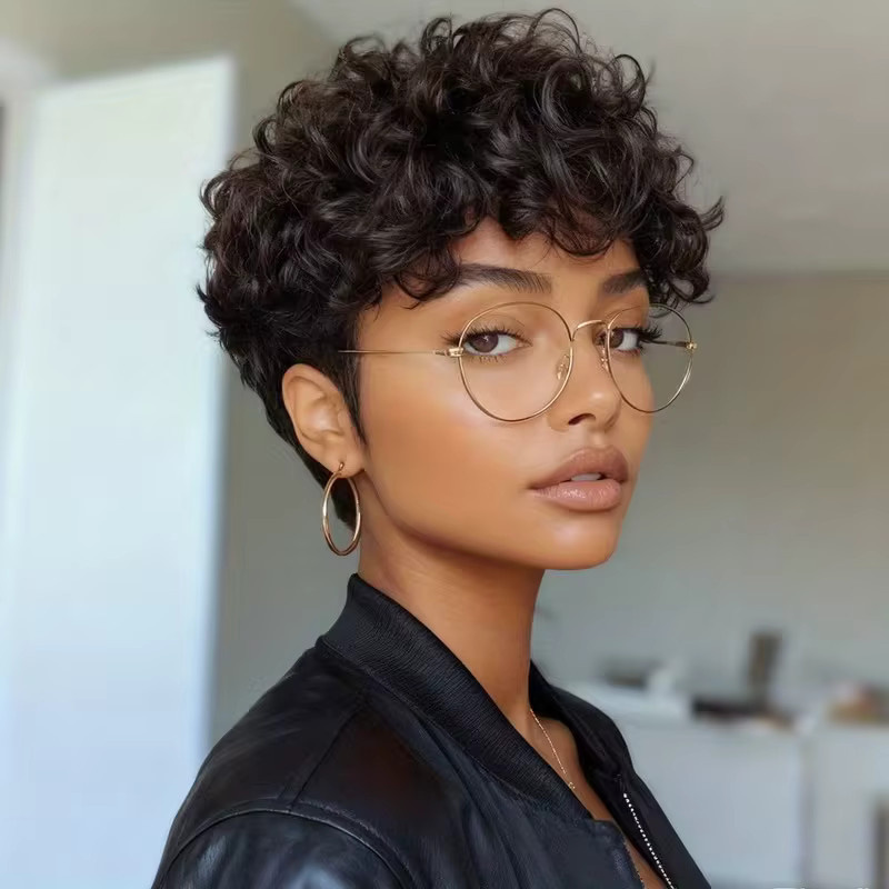 OYM HAIR Pixie-Perücke, Echthaar, Schwarz, Lockig, Damen - Bild 2
