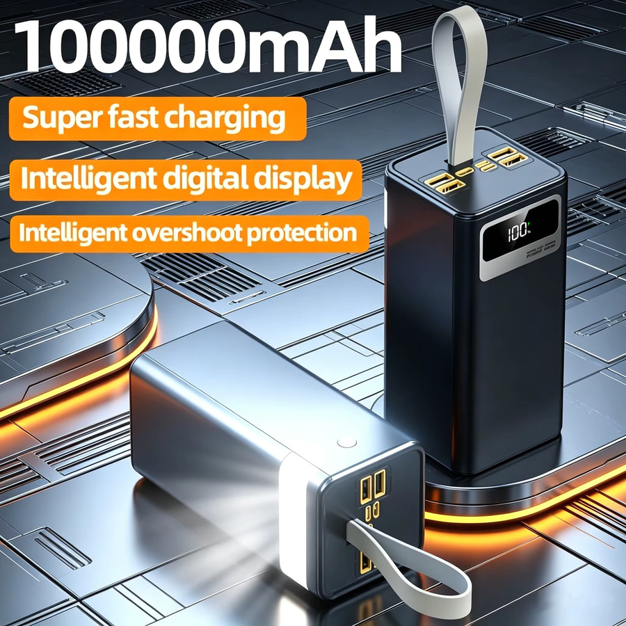 InTessry Powerbank 100000mAh mit 22,5W Schnellladefunktion, weiß, mit Digital-Display, LED-Licht und Lederband - Bild 2