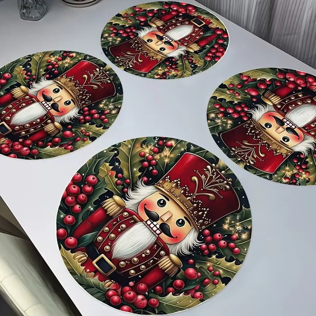 VIKAMA 4er Set Weihnachts-Tischsets mit Nussknacker- und Holly-Berry-Print in Rot, runde festliche Tischdekoration - Bild 1