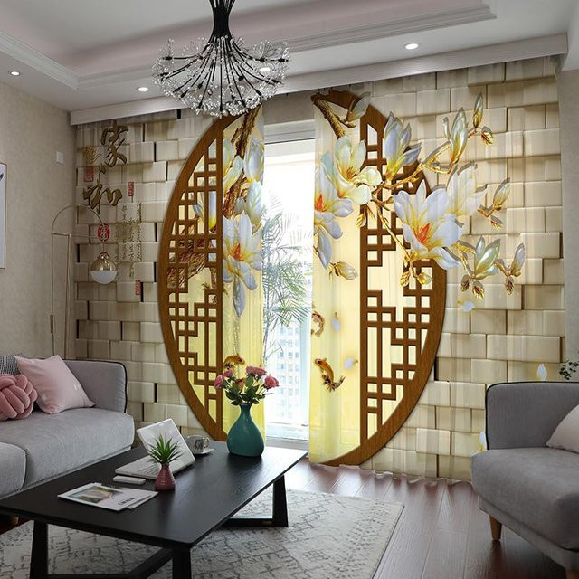 Chinesische Vorhänge im modernen Stil mit Tintenlandschaft, Bambus und Lotus, Halbschattierung, 2er-Set, B: 50 cm, H: 130 cm - Bild 1