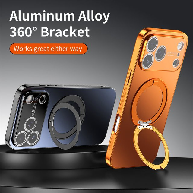 Vyimc Magnetische Handyhülle mit drehbarem Klappständer und Magnetring für iPhone 17, 16, 15, 14, 13 Pro Max in Lila oder Orange - Bild 1