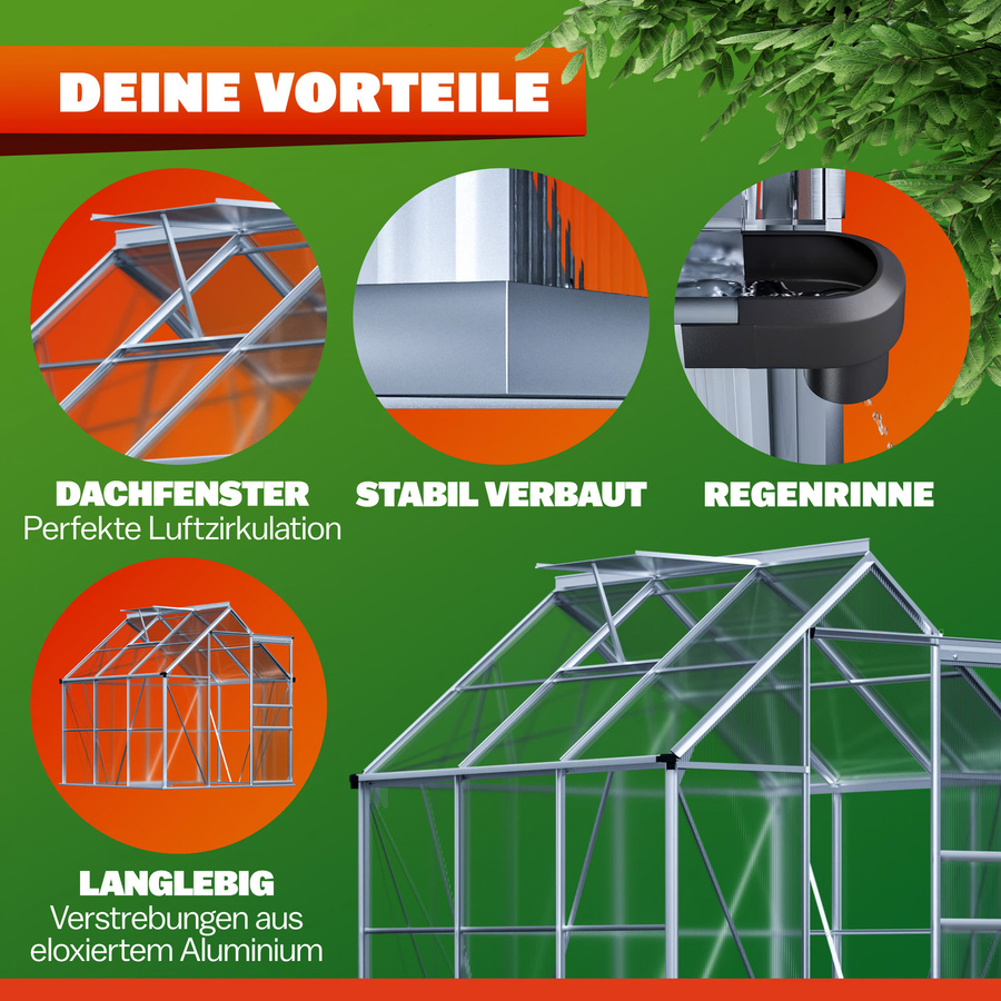 Gardebruk Aluminium Gewächshaus in Silber mit Dachfenster und Regenrinne, B/T/H: 190 x 190 x 195 cm - Bild 2