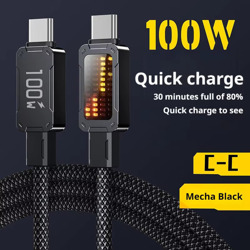 LED USB-C Schnellladekabel mit PD 100W Chip und Lichtemission in Schwarz für Apple und Huawei - Bild 1