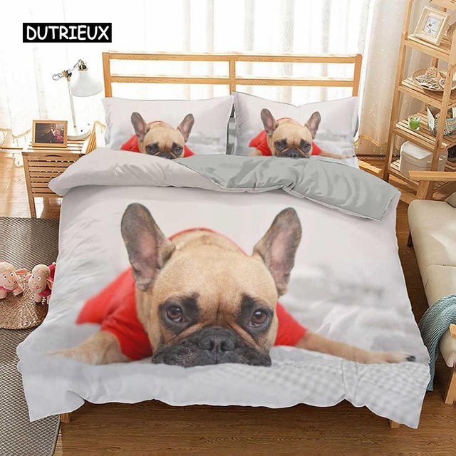 Bettwäsche-Set mit französischer Bulldogge von Binchi Outdoor Product, weißes Bettbezug-Set aus Polyester für Kinder und Teenager, B/H: 135 x 200 cm - Bild 1