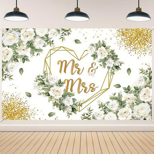 OURFETE Hochzeits-Hintergrund mit weißen Rosen und geometrischem Goldherz für Brautparty und Fotografie, Weiß und Gold - Bild 1
