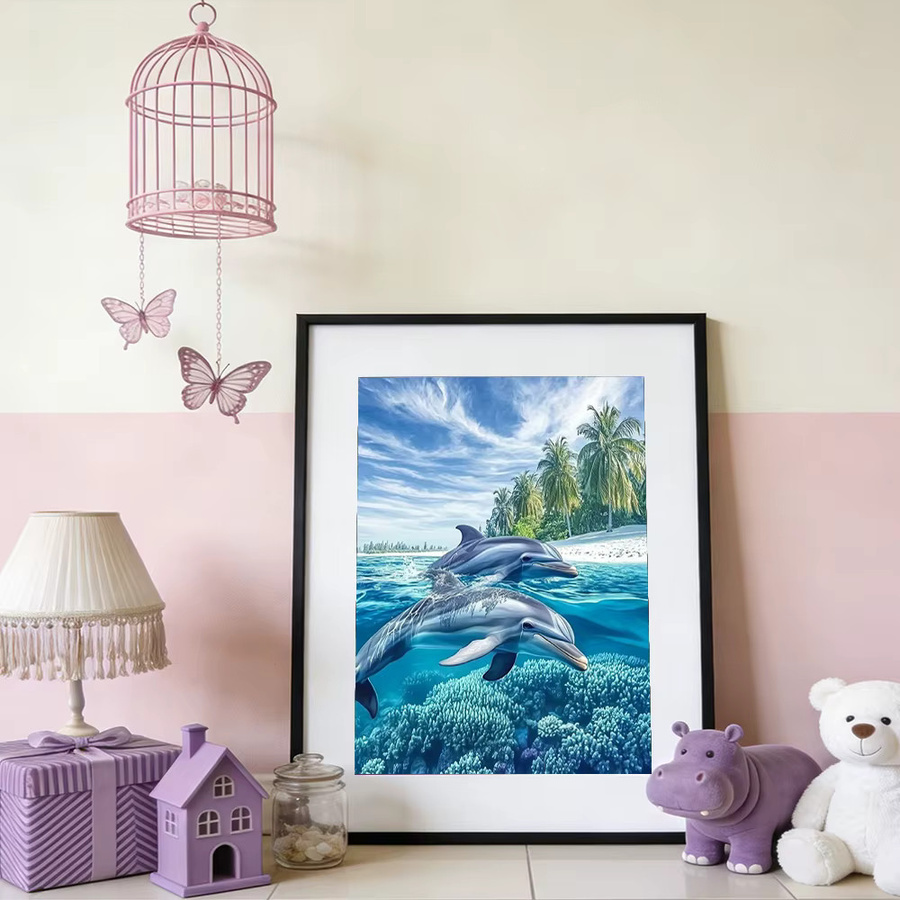 Huacan Delfin-Diamantgemälde Bastelset mit quadratischem und rundem Mosaik als Wanddekoration in Multicolour, Breite: 30,0 cm, Höhe: 20,0 cm - Bild 2