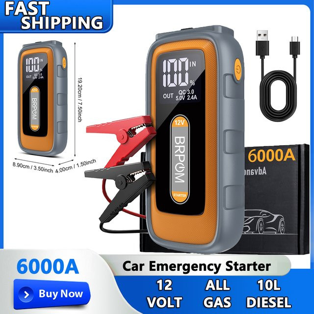 BRPOM Auto-Notstartgerät mit 26800mAh und 6000A Spitzenleistung, 12V Batterieladegerät und Starterbox mit Display und Notlicht sowie Powerbank Funktion - Bild 1