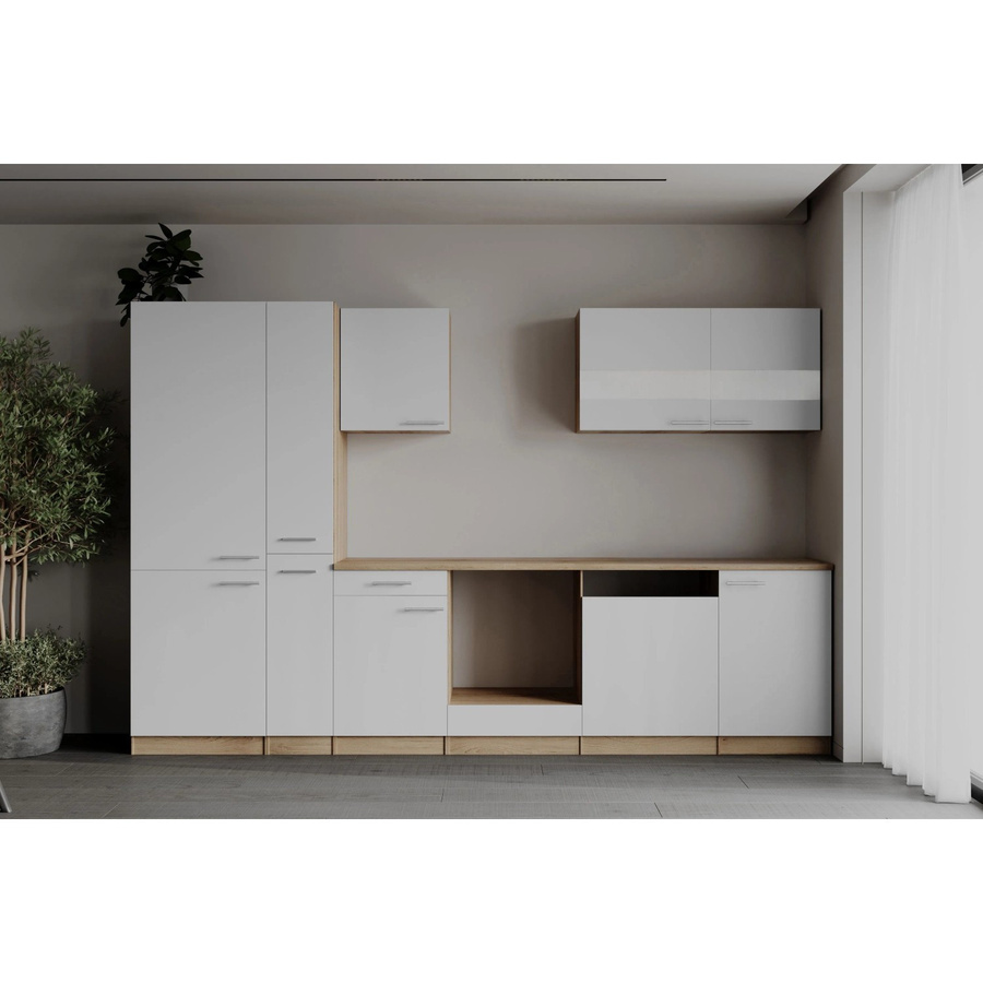 Respekta Küchenzeile Merle modern in Weiß und Grau mit Eiche Sägerau Nachbildung und Soft-Close-Glasfronten, Breite: 310 cm, Höhe: 200 cm, Tiefe: 60 cm - Bild 2