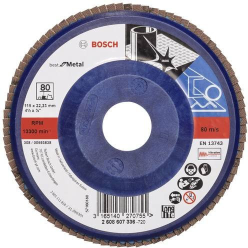 Bosch Fächerschleifscheibe X571 für Metall, Körnung 80, Durchmesser: 115 mm, Bohrungs-Ø: 22,23 mm, Farbe: Blau - Bild 1