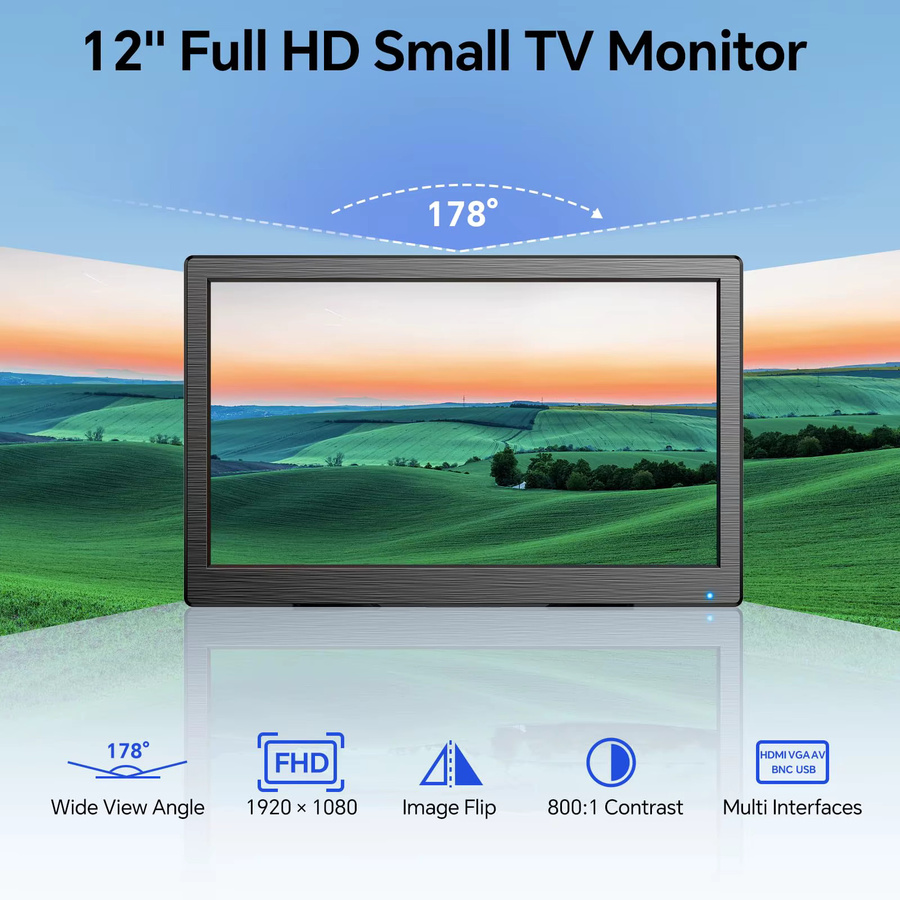 Eyoyo 12 Zoll Überwachungskamera-Display mit Full HD LED-Bildschirm, HDMI, VGA, AV, BNC und USB-C, Schwarz - Bild 2