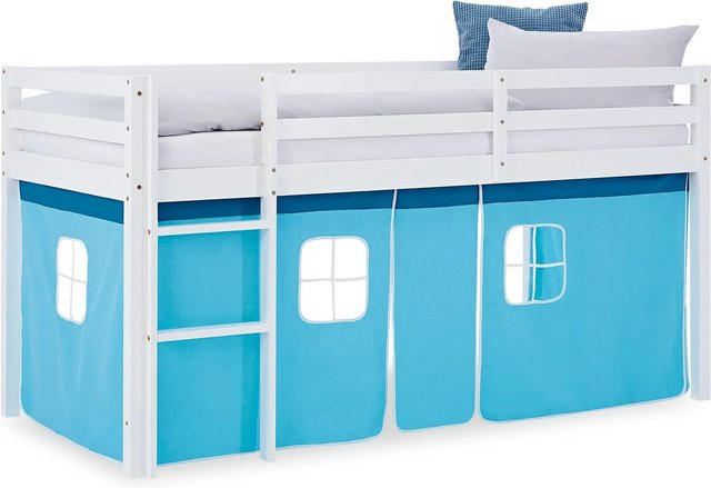 Homestyle4u Kinder-Hochbett aus Kiefernholz mit Lattenrost und Vorhang in Blau, B/T/H: 90 x 200 x 110 cm - Bild 1