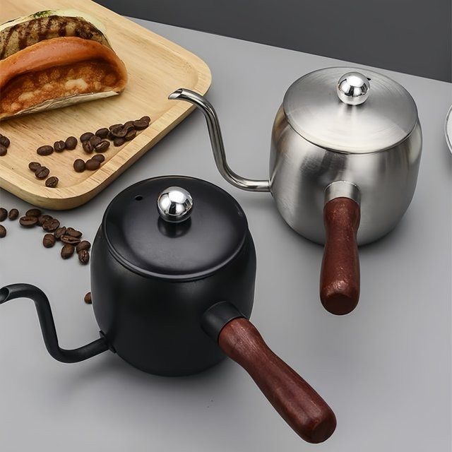 WUWANLI Kaffeehandbrühkanne aus Edelstahl mit Holzgriff und Deckel, 500 ml, Silber/Schwarz - Bild 1