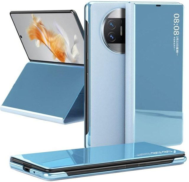 Luxuriöse Leder-Handyhülle mit Sichtfenster und galvanisierter Spiegeloberfläche für Huawei Mate X3 5G und vivo X Fold2 in Blau - Bild 1