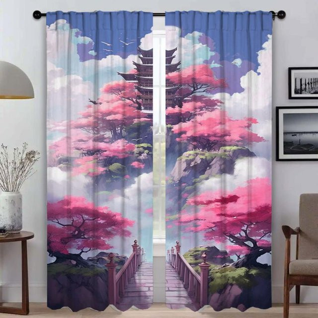 2er-Set Küchenvorhänge im japanischen Stil aus Polyester, halbtransparent, Blau, Breite: 50 cm, Höhe: 70 cm - Bild 1