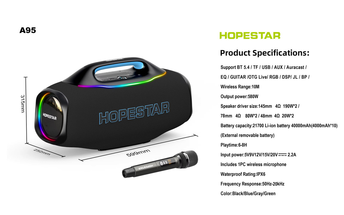 HOPESTAR A95 Tragbarer Bluetooth-Lautsprecher mit 580W, UHF-Funkmikrofon, 40000mAh Akku und RGB-Licht in Schwarz oder Grün - Bild 5