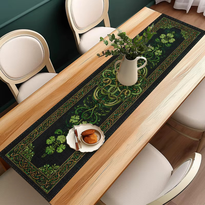 VIKAMA Tischläufer mit keltischem Kleeblatt-Motiv aus Leinen, Grün, B/H: 90 x 33 cm - Bild 4