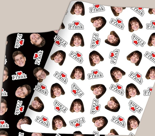 Joy-enlife Individuelles Geschenkpapier mit Gesicht und Namen für Valentinstag und Hochzeiten, Schwarz-Weiß mit rotem Herz, 3 oder 6 Stück - Bild 1